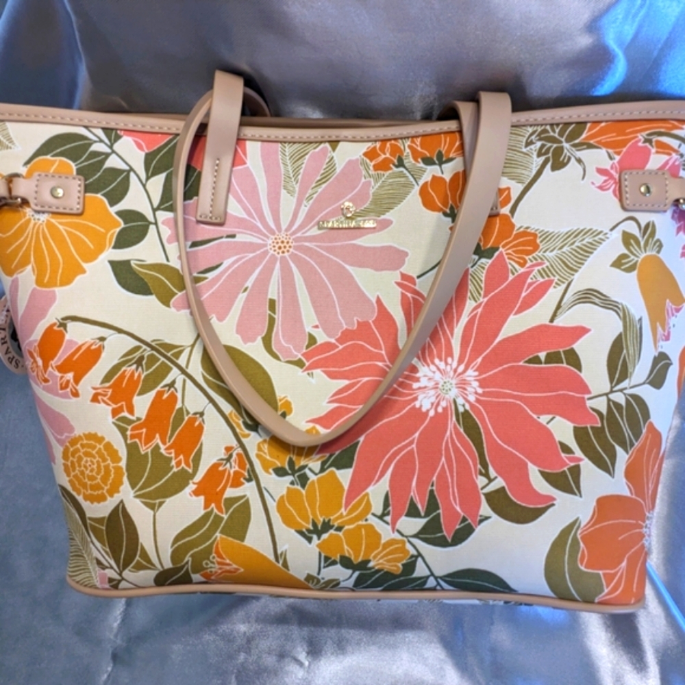 Spartina 449 Pink and Orange Floral Tote Bag with Leather Handles. NWT